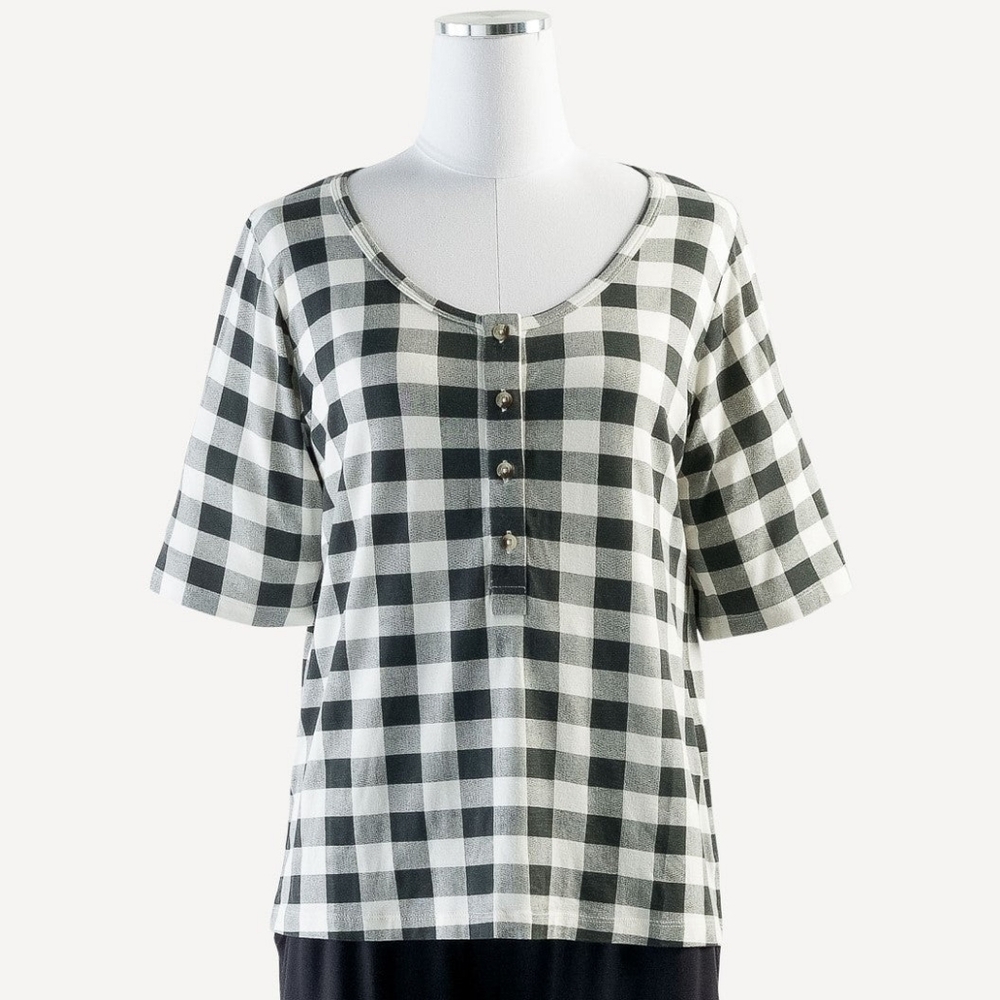 EUC Sz M Kate Quinn womens short sleeve scoop neck henley beluga gingham bamboo